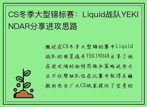 CS冬季大型锦标赛：Liquid战队YEKINDAR分享进攻思路